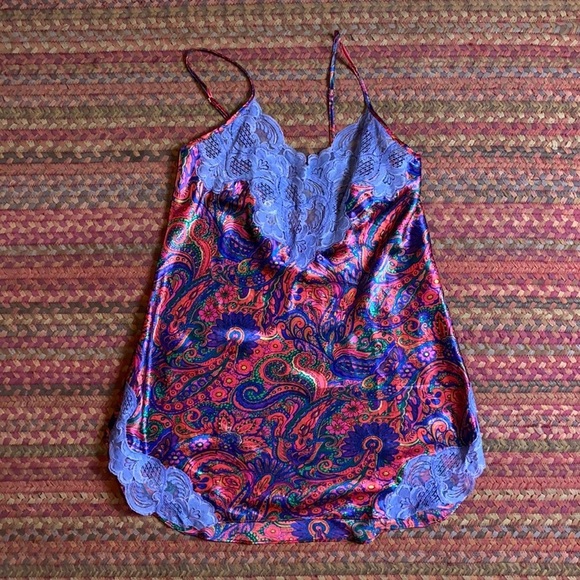 80s VINTAGE VICTORIAS SECRET FUNKY PSYCHEDELIC PAISLEY SLIP DRESS - Picture 1 of 5